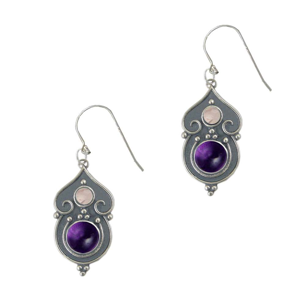 Sterling Silver Gothic Inspired Drop Dangle Earrings With Amethyst And Rose Quartz